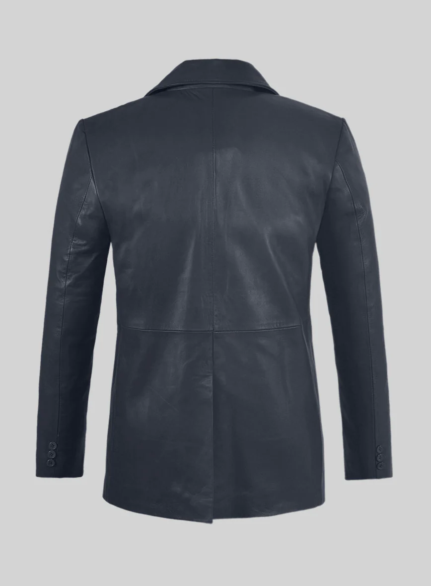 Soft Deep Blue Leather Pea Coat - Image 5