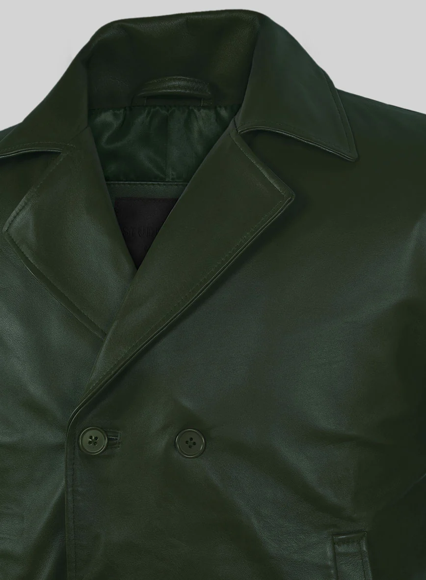 Soft Deep Olive Leather Pea Coat - Image 2
