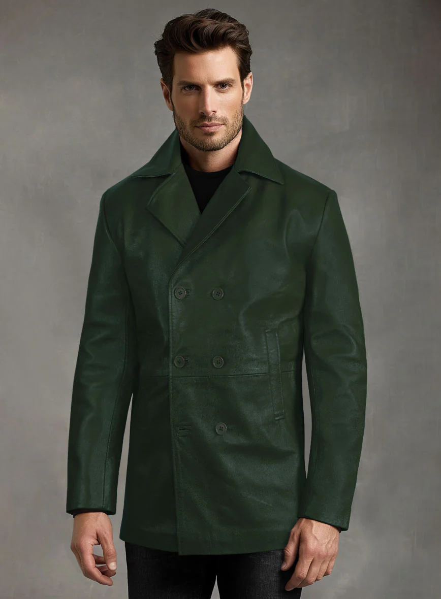 Soft Deep Olive Leather Pea Coat - Image 4