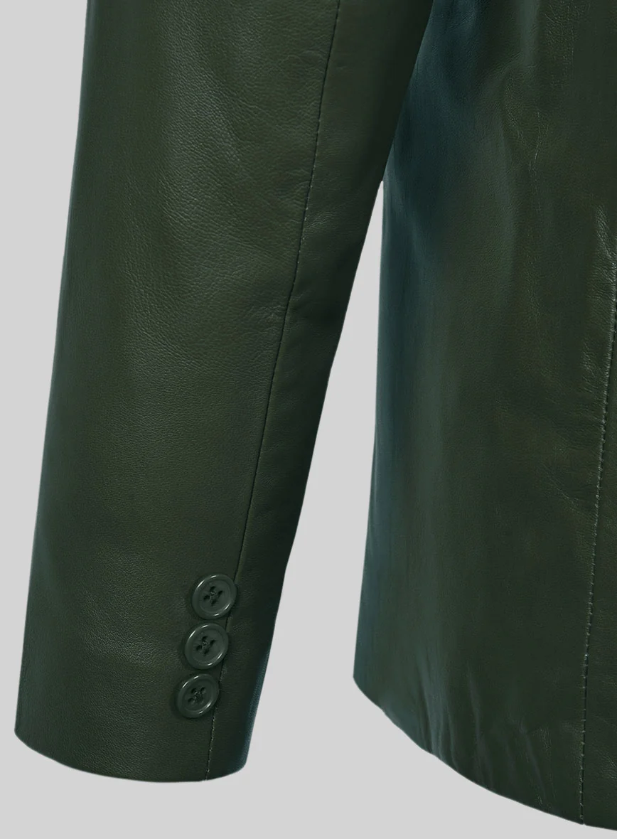 Soft Deep Olive Leather Pea Coat - Image 5
