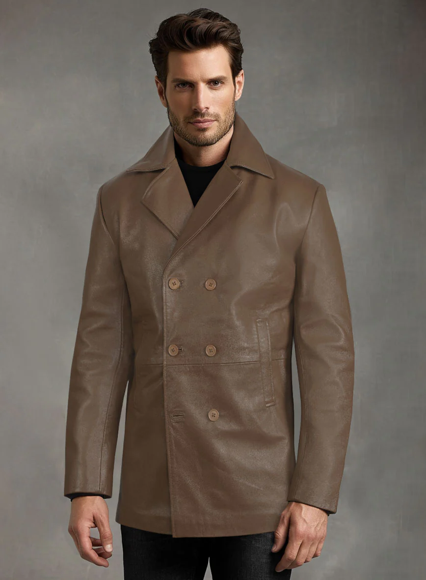 Soft King Brown Leather Pea Coat - Image 3