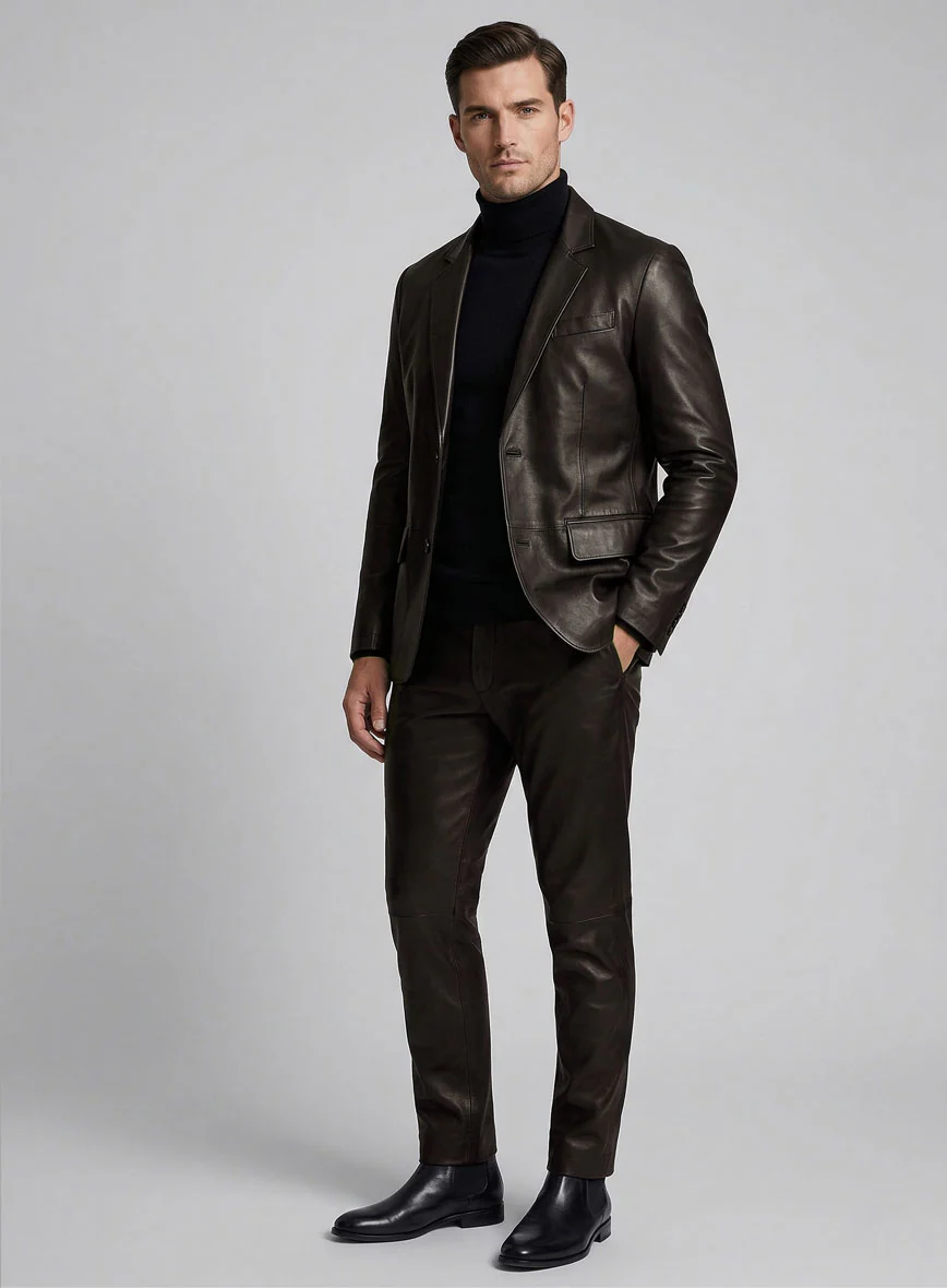 Soft Louis Brown Leather Pea Coat - Image 4