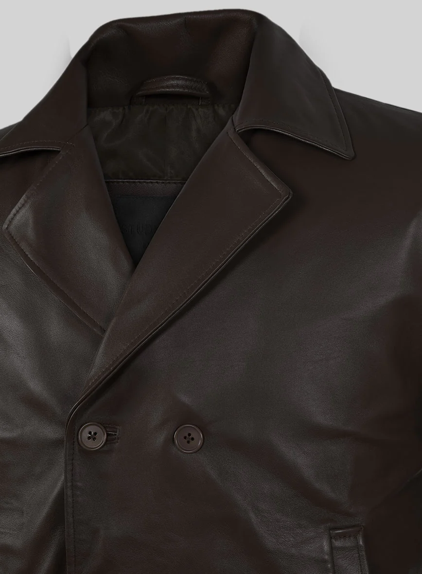 Soft Louis Brown Leather Pea Coat - Image 5