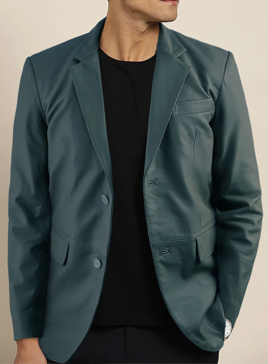 Soft Prussian Blue Leather Blazer - Image 5
