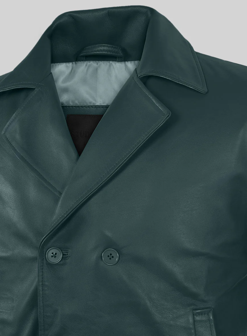 Soft Prussian Blue Leather Pea Coat - Image 4