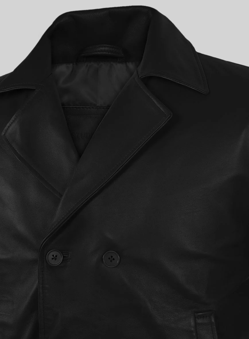 Soft Rich Black Leather Pea Coat - Image 2