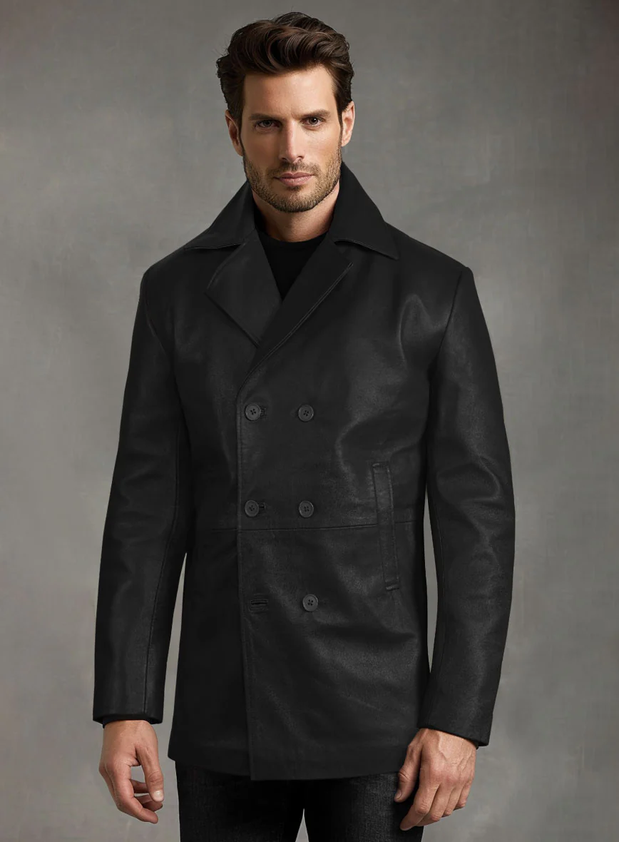 Soft Rich Black Leather Pea Coat - Image 4