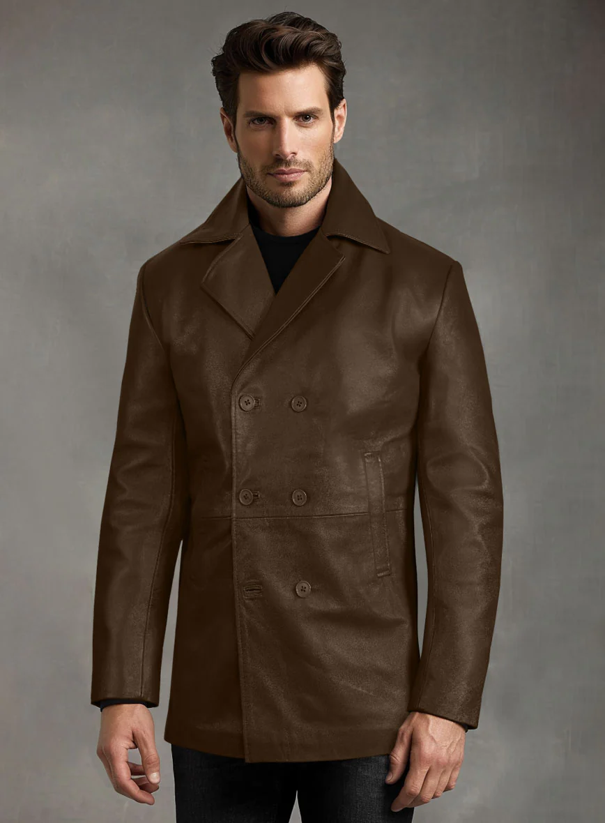 Soft Scottish Brown Leather Pea Coat - Image 4