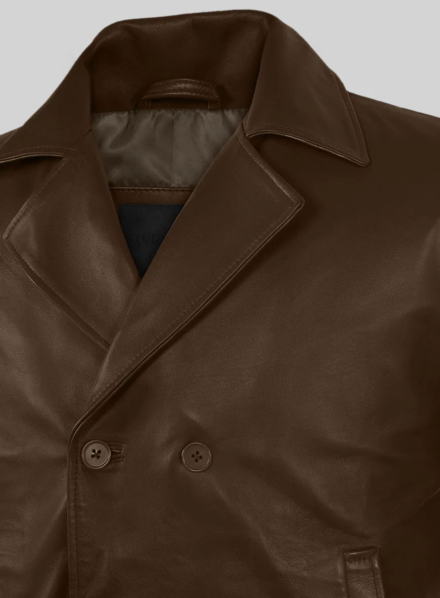 Soft Scottish Brown Leather Pea Coat - Image 6
