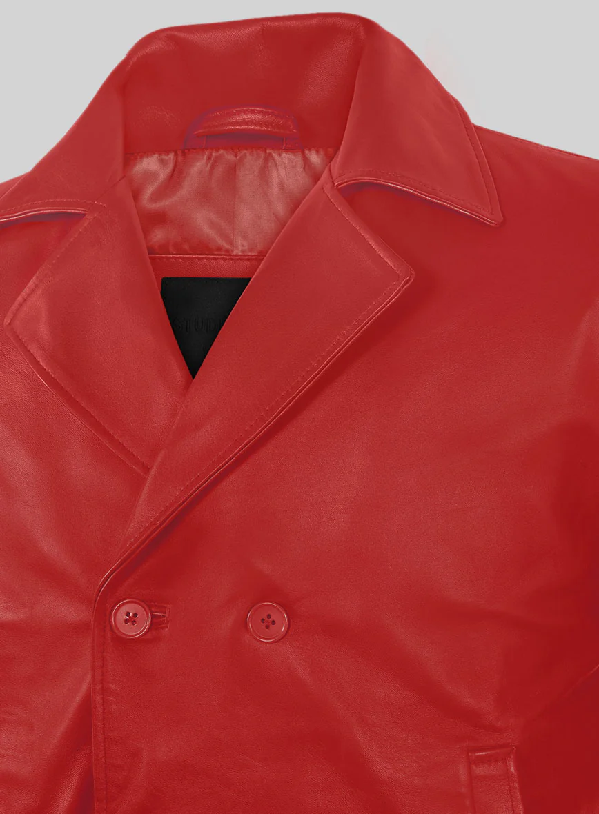 Soft Tango Red Leather Pea Coat - Image 2