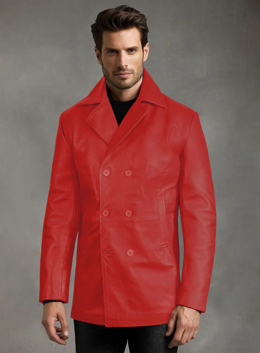 Soft Tango Red Leather Pea Coat - Image 3