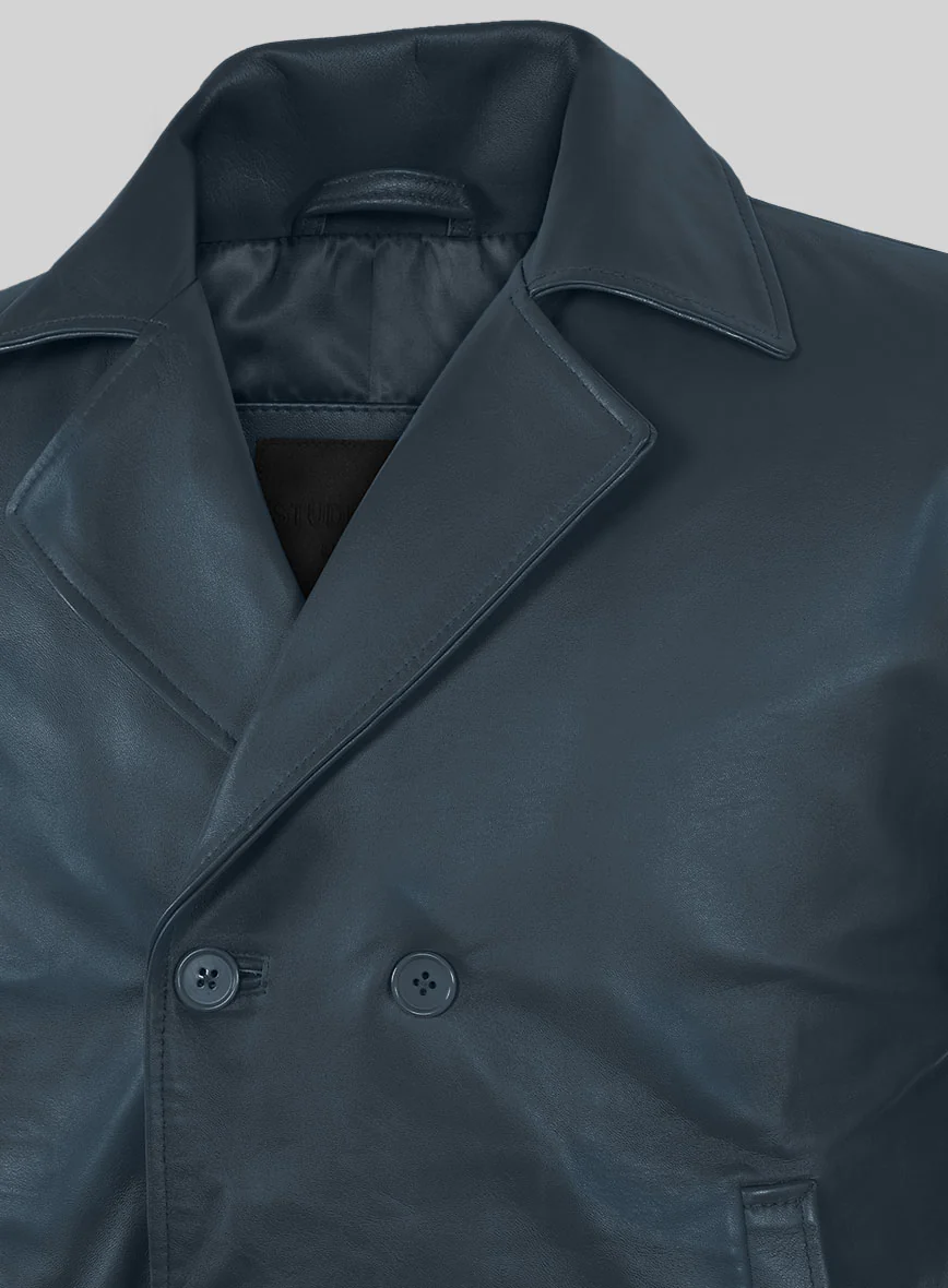 Soft Winsor Blue Leather Pea Coat - Image 4