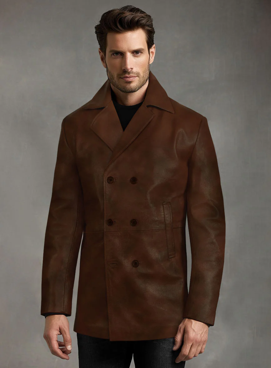 Spanish Brown Leather Pea Coat - Image 3