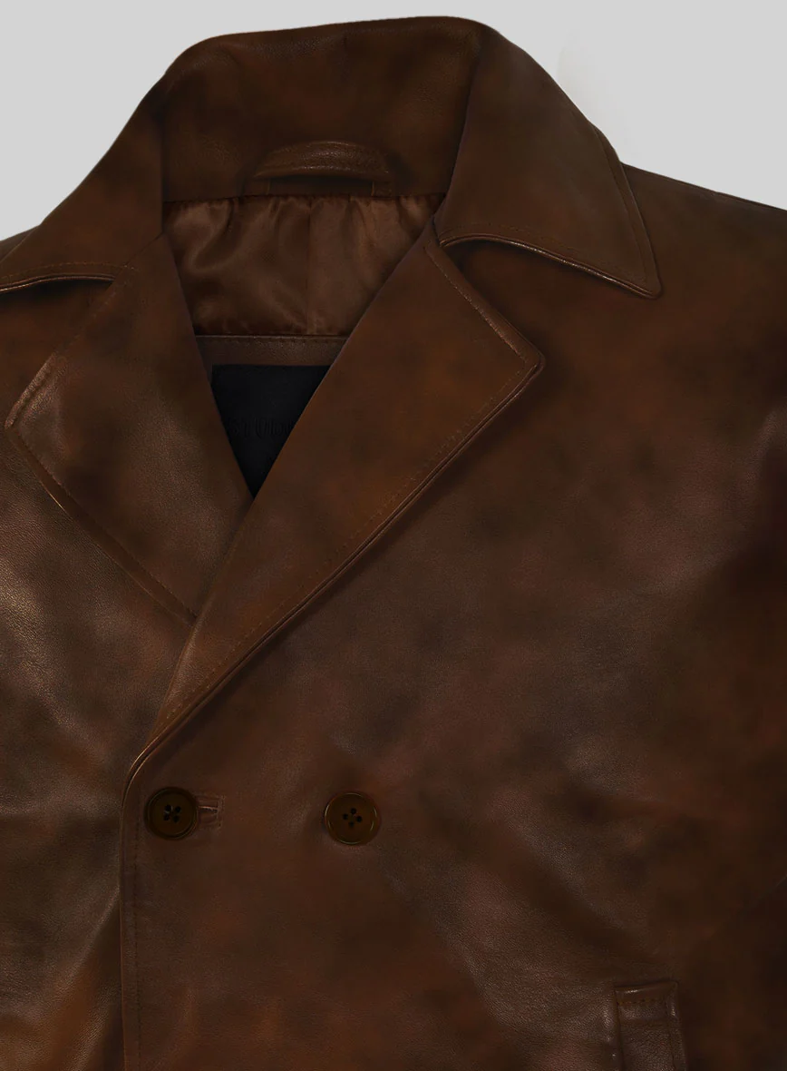 Spanish Brown Leather Pea Coat - Image 6
