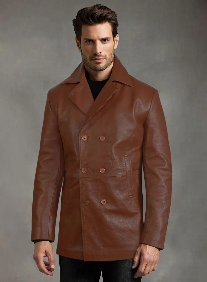 Tan Brown Leather Pea Coat - Image 2