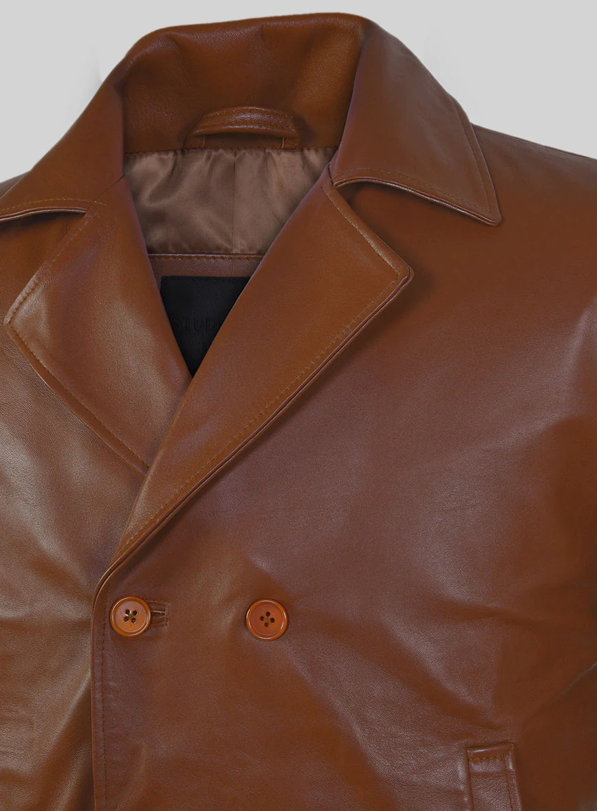 Tan Brown Leather Pea Coat - Image 3