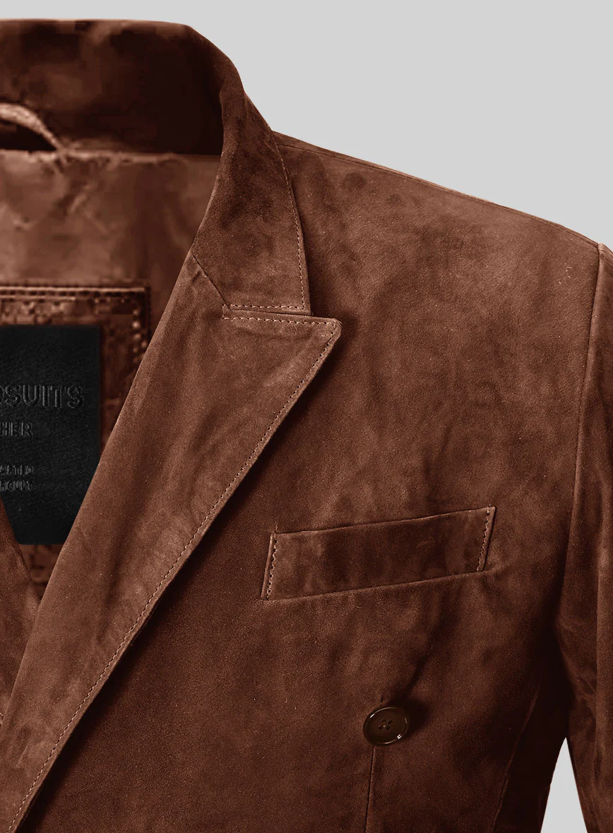 Tan Brown Suede Double Breasted Leather Blazer - Image 2