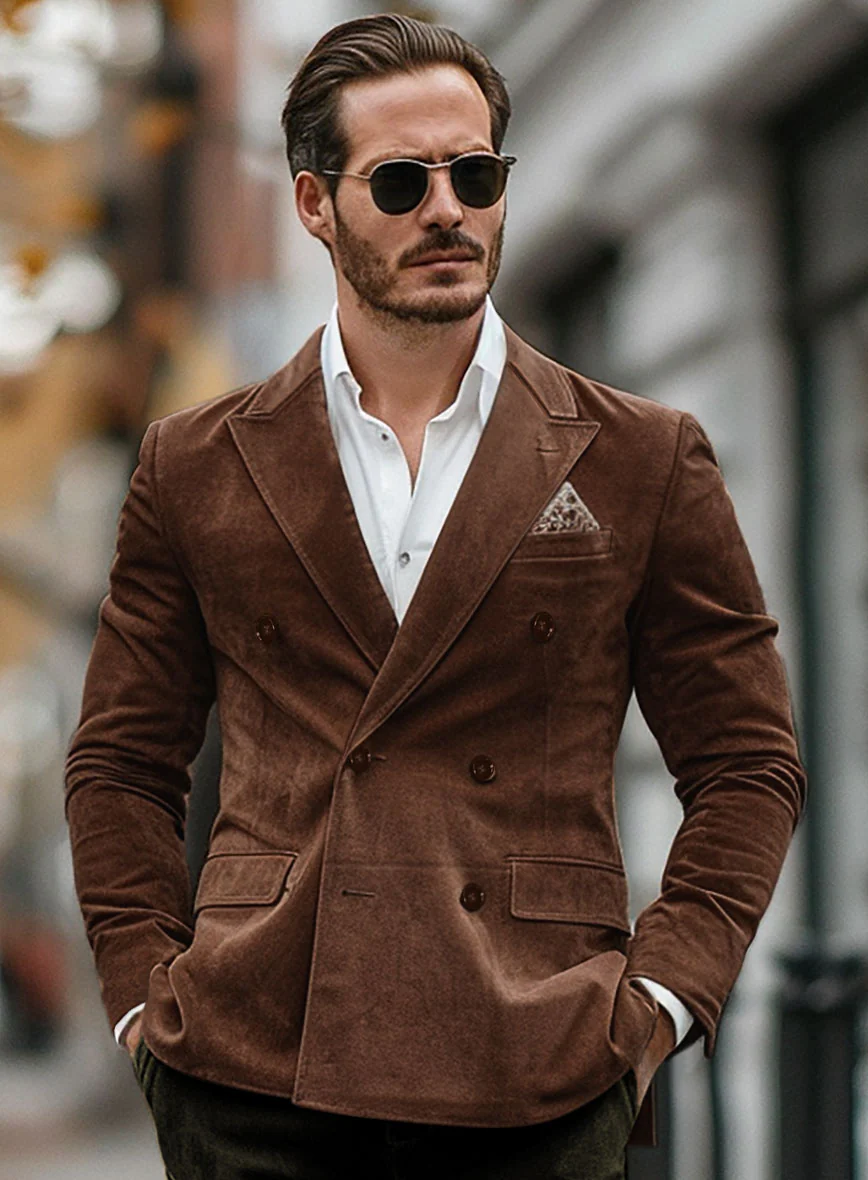 Tan Brown Suede Double Breasted Leather Blazer - Image 5