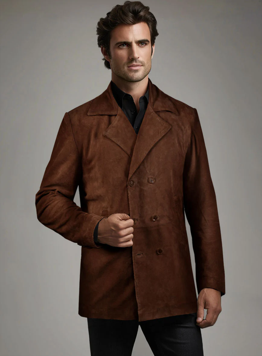 Tan Brown Suede Leather Pea Coat - Image 2