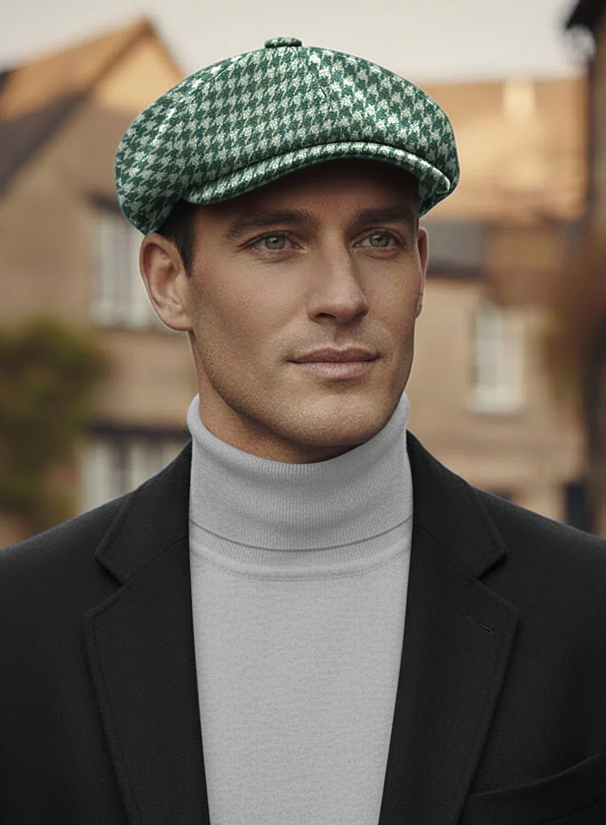 Teal Green Houndstooth Tweed Newsboy Cap - Image 2