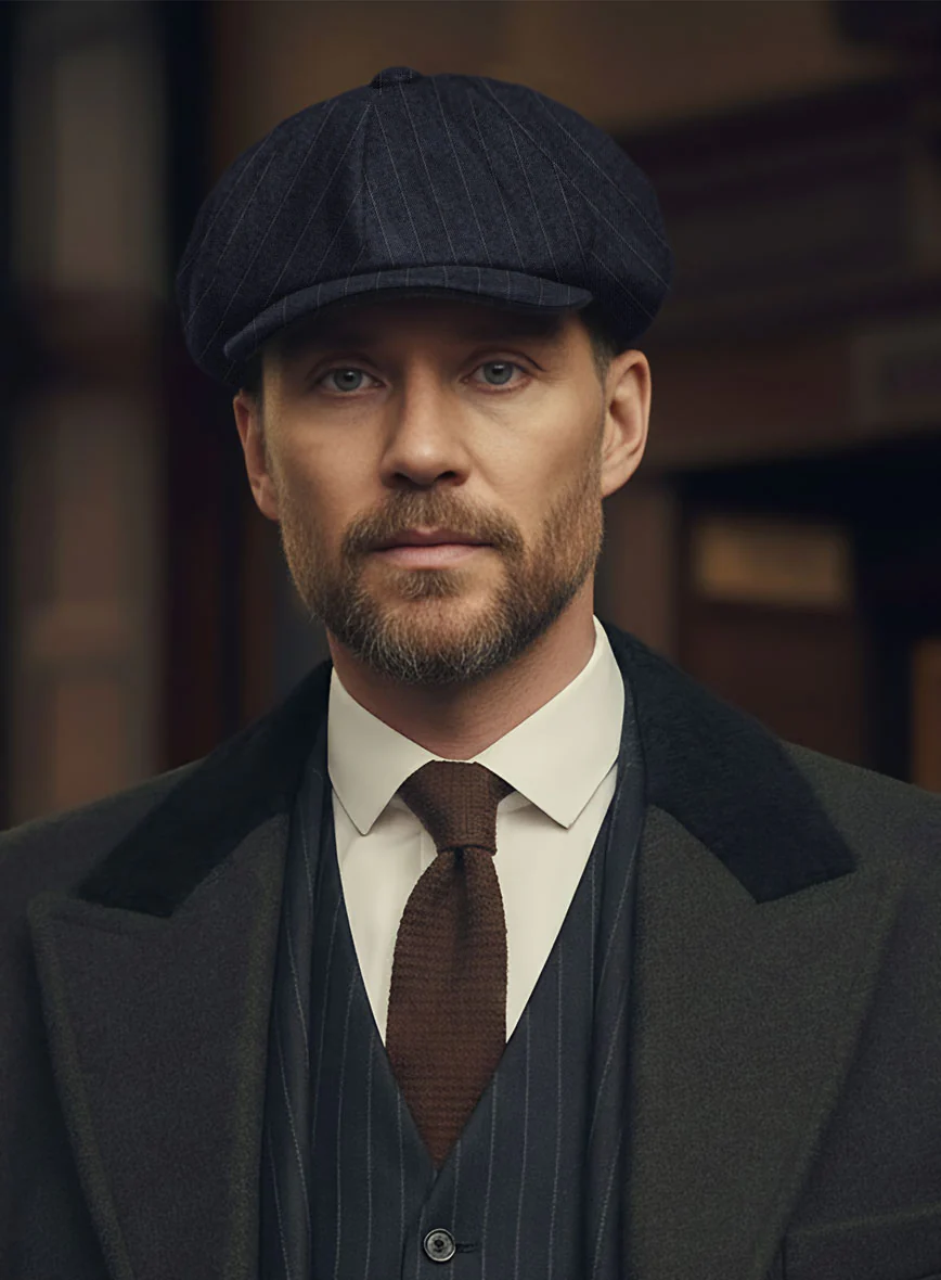 Thomas Shelby Peaky Blinders Stripe Blue Wool Newsboy Cap - Image 2