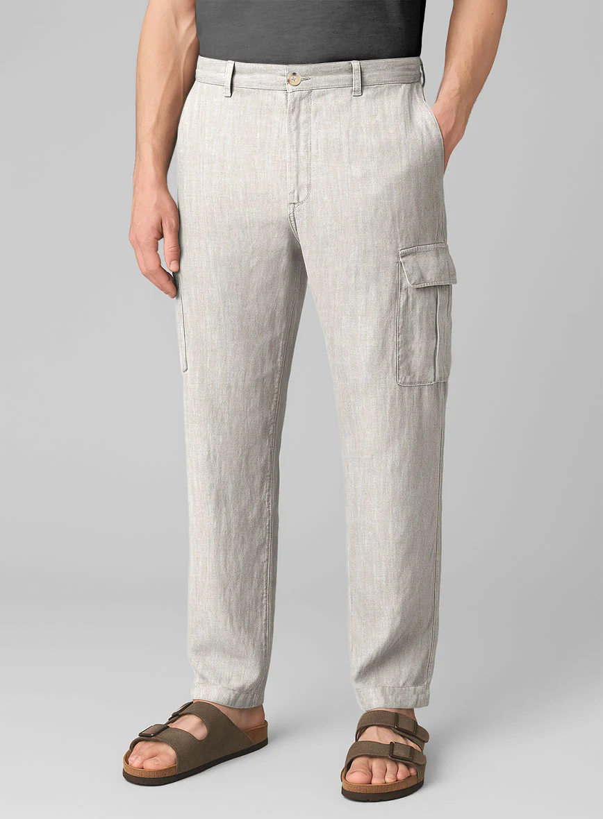 Tropical Beige Linen Cargo Pants