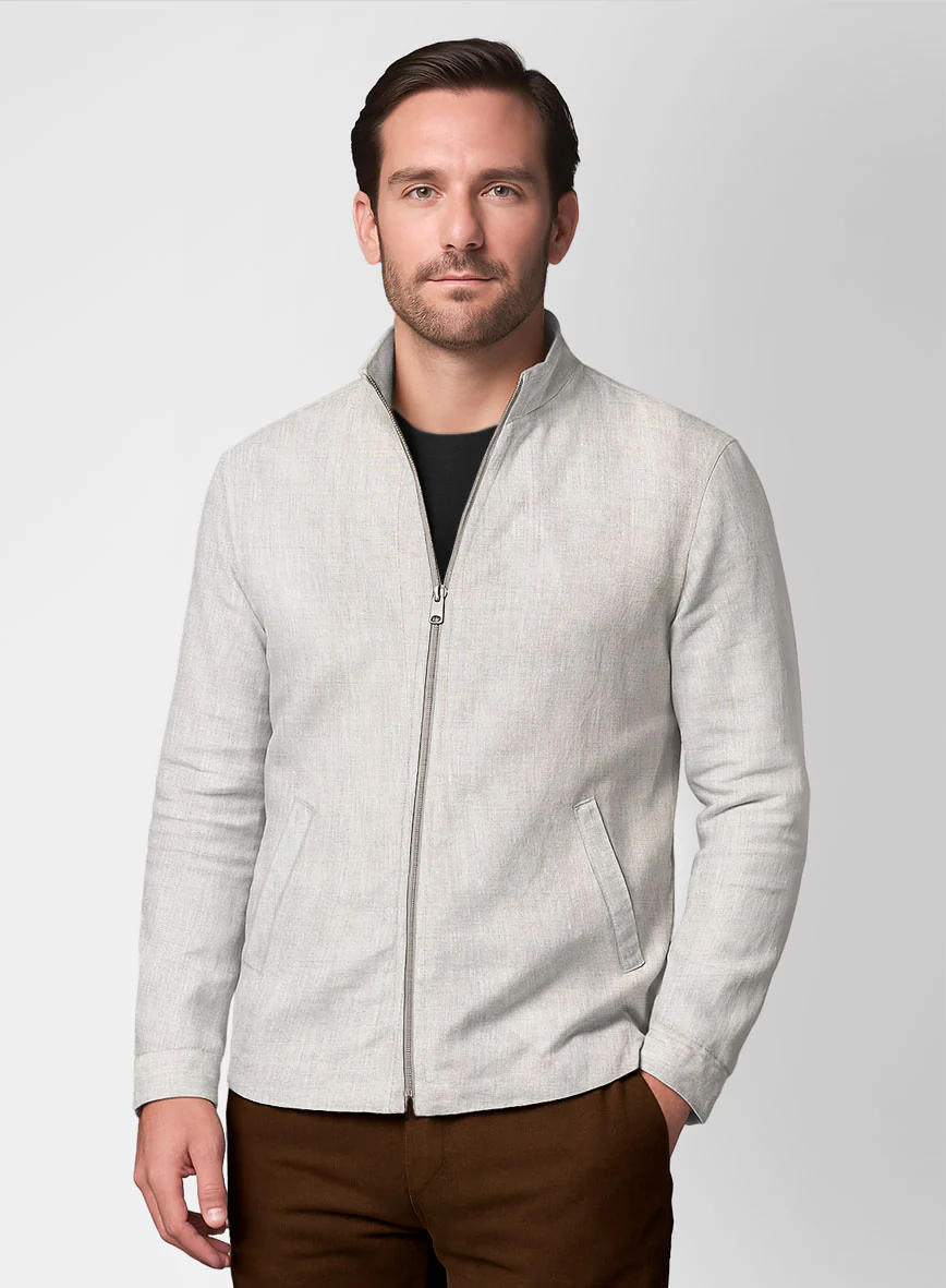 Tropical Beige Linen Zipper Jacket - Image 2