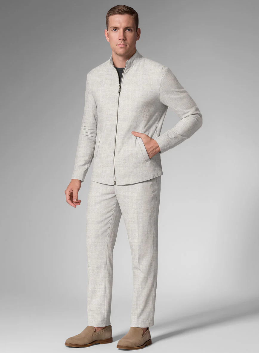 Tropical Beige Linen Zipper Jacket - Image 5