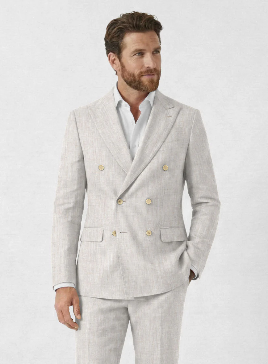 Tropical Beige Pure Linen Double Breasted Suit - Image 3