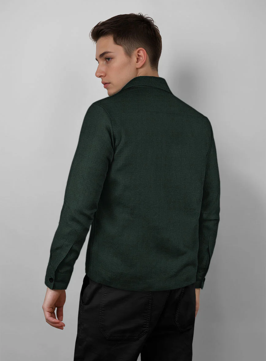 Trucker Dark Bottle Green Linen Shirt - Image 3
