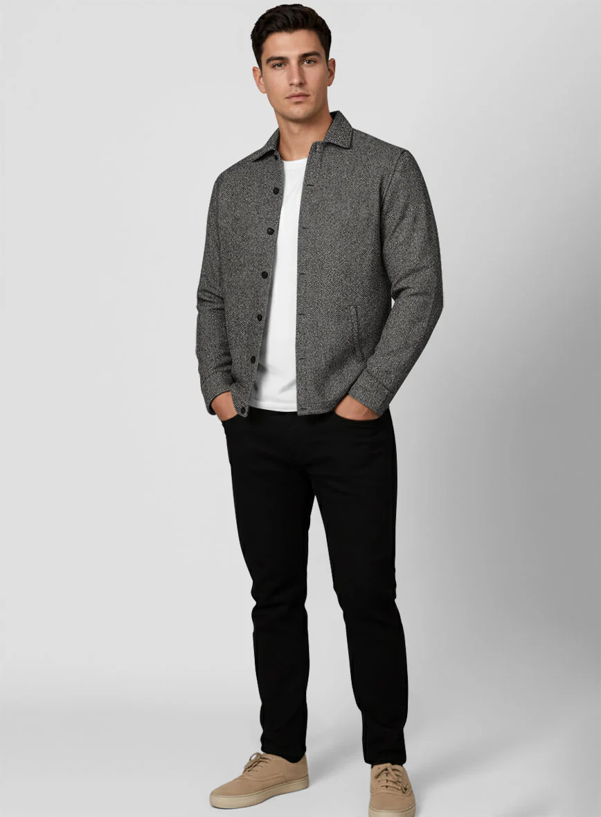 Trucker Gray Herringbone Flecks Donegal Tweed Shirt - Image 2