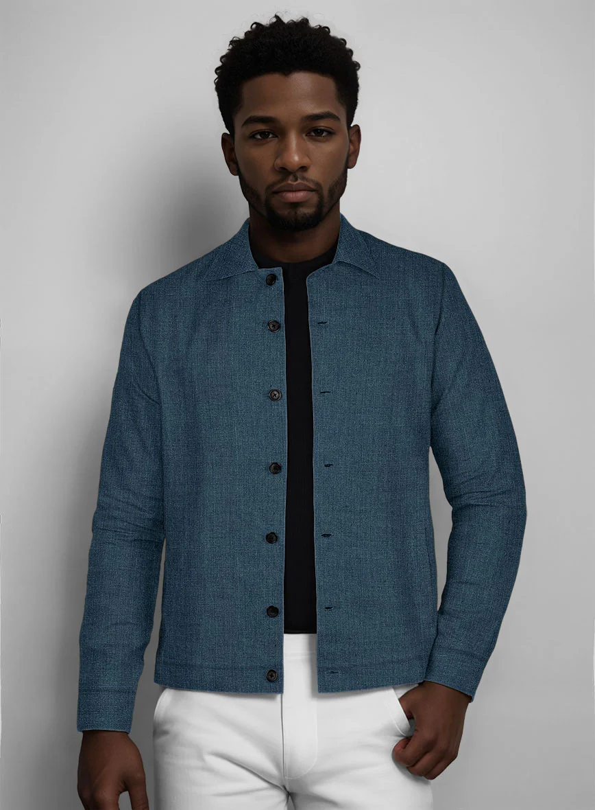 Trucker Indigo Blue Linen Shirt - Image 2