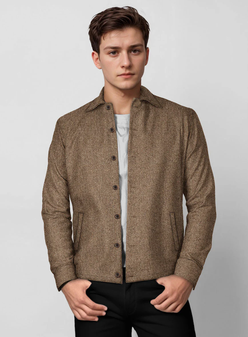Trucker Irish Brown Herringbone Tweed Shirt - Image 3