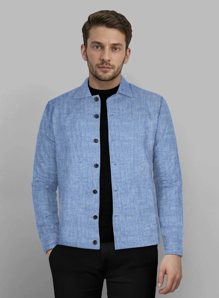 Trucker Italian Nile Blue Linen Shirt - Image 2