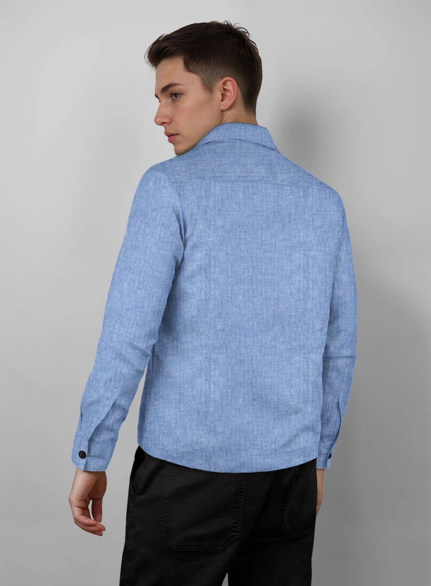 Trucker Italian Nile Blue Linen Shirt - Image 3