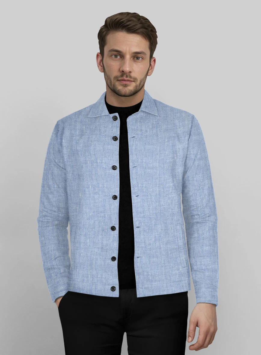 Trucker Italian Sky Blue Linen Shirt - Image 2
