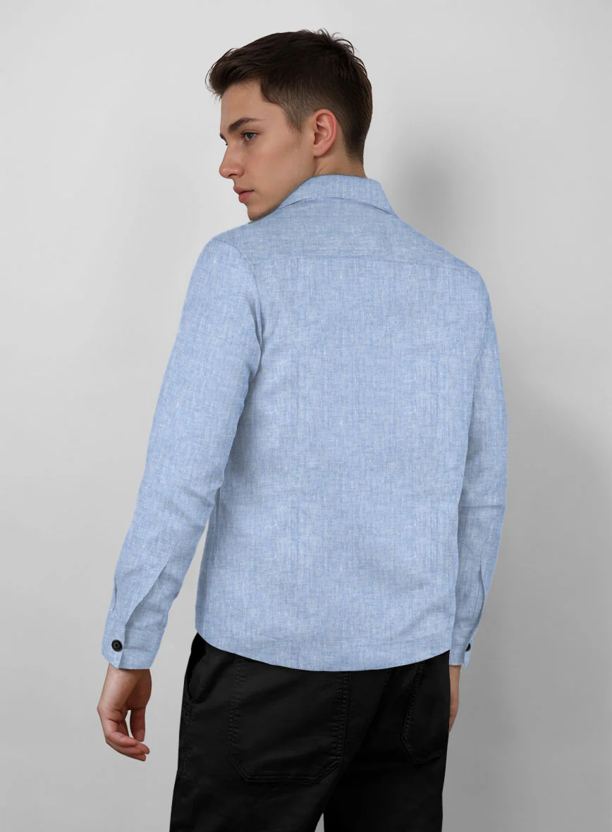 Trucker Italian Sky Blue Linen Shirt - Image 3