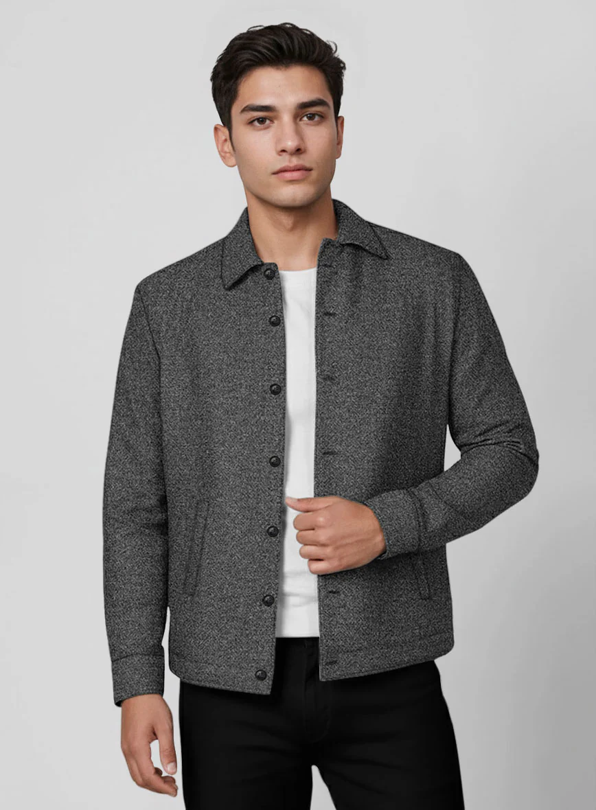 Trucker Vintage Plain Dark Gray Tweed Shirt - Image 2