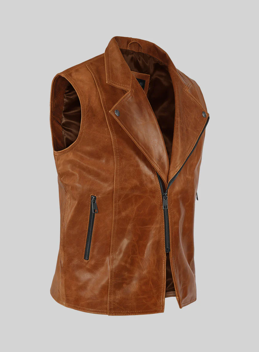Velvo Cognac Biker Leather Vest - Image 2