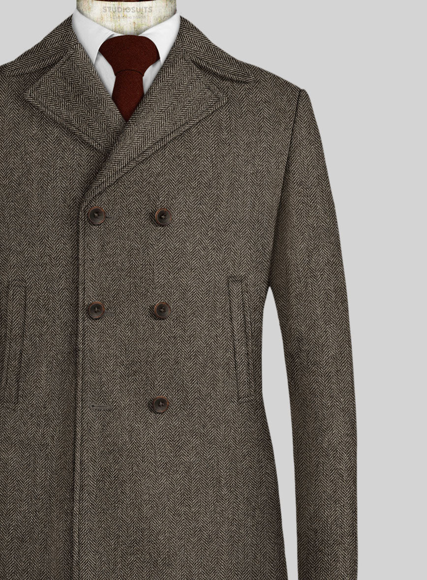 Vintage Dark Brown Herringbone Tweed Pea Coat - Image 2