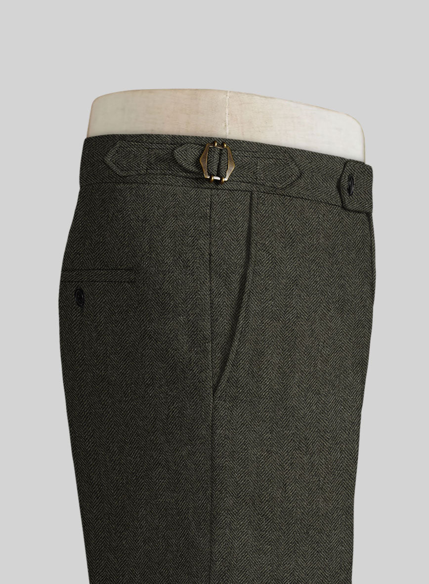 Vintage Flat Green Herringbone Tweed Highland Trousers - Image 3