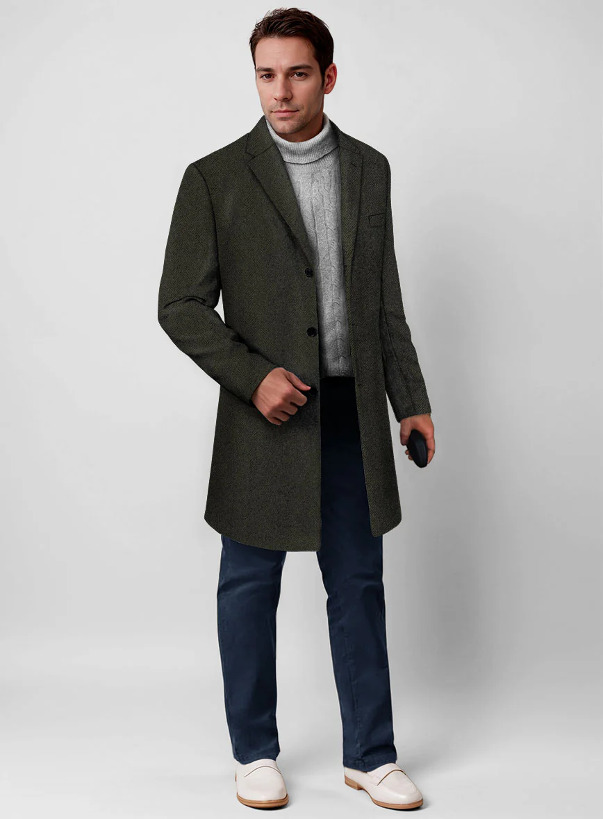 Vintage Flat Green Herringbone Tweed Overcoat - Image 2