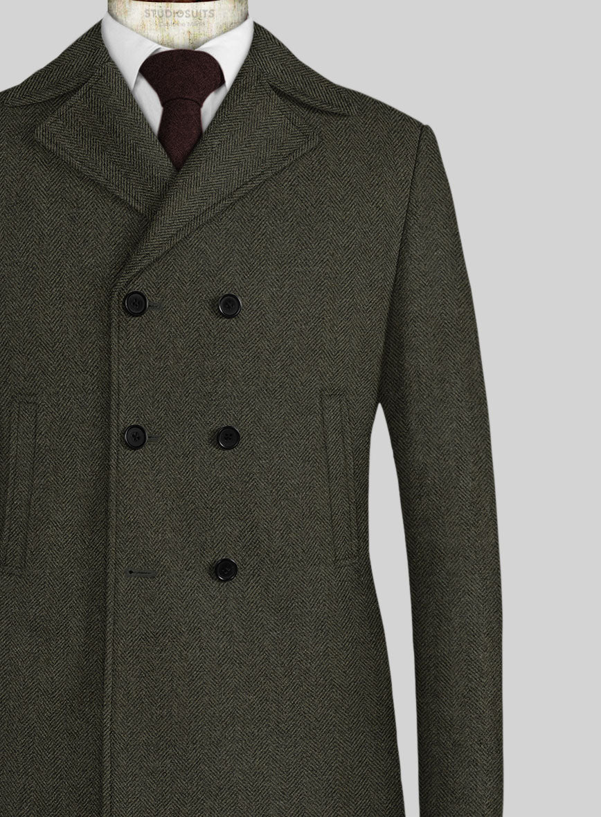 Vintage Flat Green Herringbone Tweed Pea Coat - Image 2