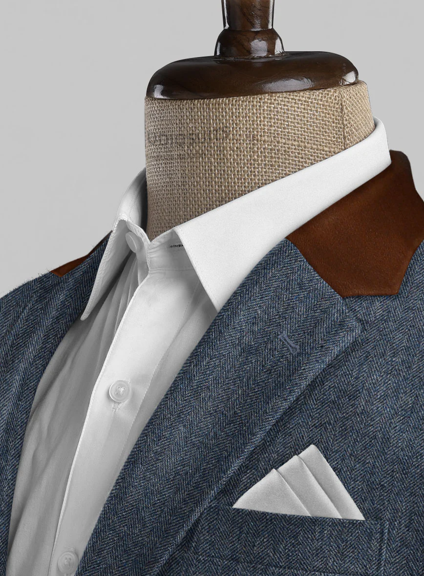 Vintage Herringbone Blue Tweed Jacket - Leather Trims - Image 3