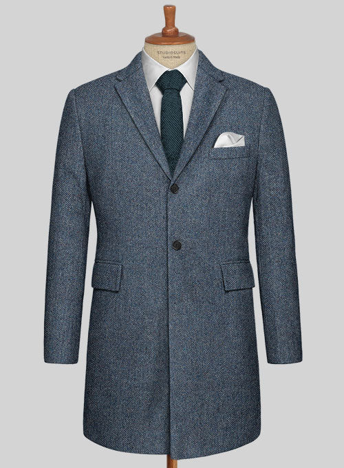 Vintage Herringbone Blue Tweed Overcoat