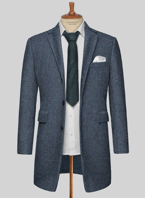 Vintage Herringbone Blue Tweed Overcoat - Image 2