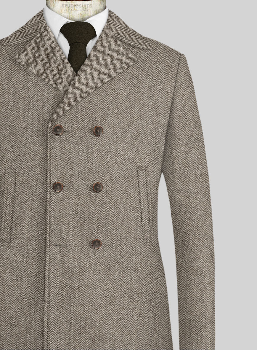 Vintage Herringbone Brown Tweed Pea Coat - Image 2