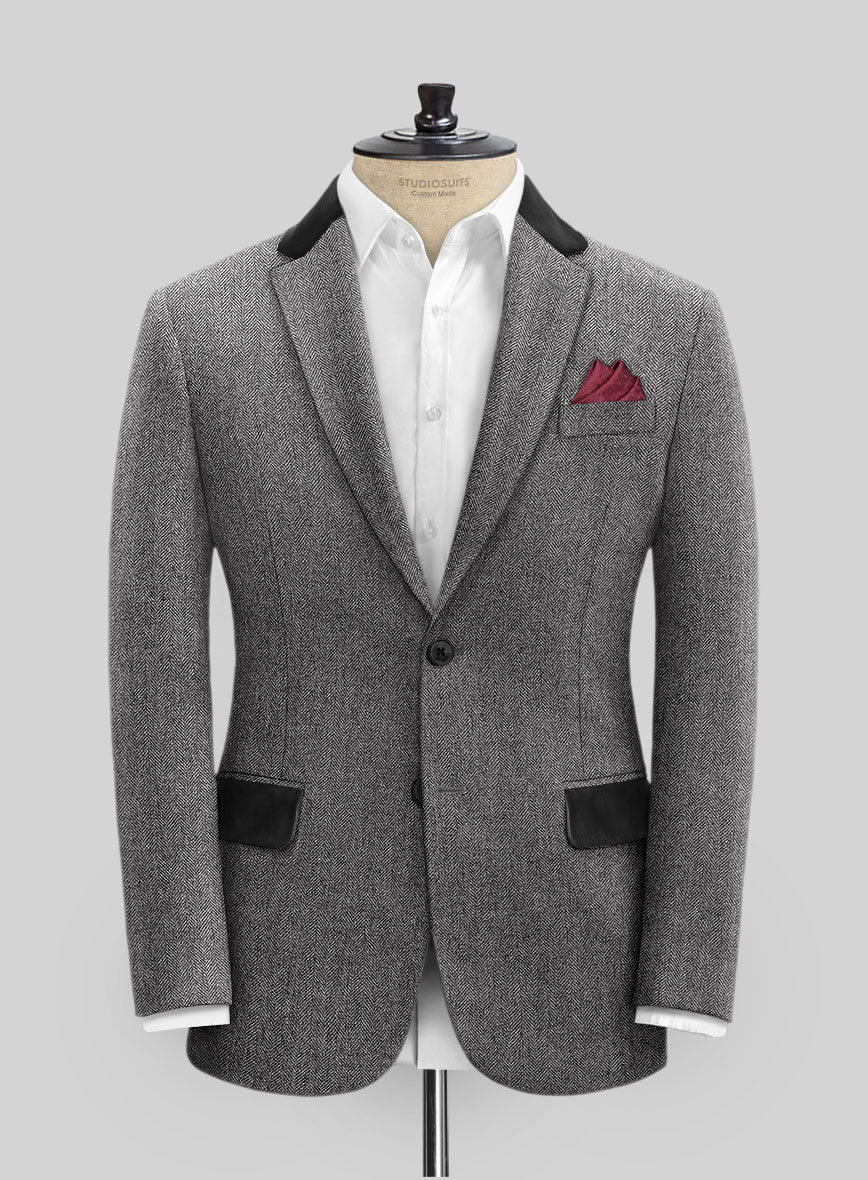 Vintage Herringbone Gray Tweed Jacket - Leather Trims - Image 3