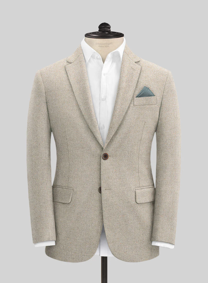 Vintage Herringbone Light Beige Tweed Jacket - Image 3
