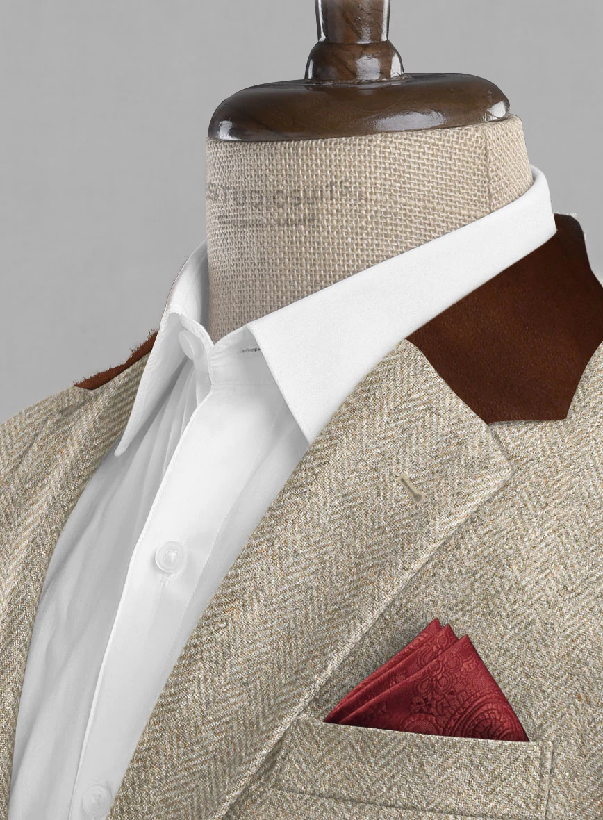 Vintage Herringbone Light Beige Tweed Jacket - Leather Trims - Image 4